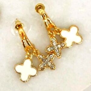 NEW White and Gold 4 Leaf Clover Enamel Drop Earrings with Pave Cubic Zirconia